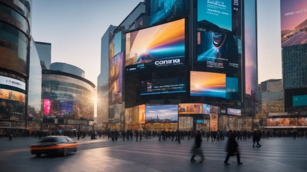 vibrant digital screens displaying dynamic, eye-catching ai-generated advertisements in a bustling city square.