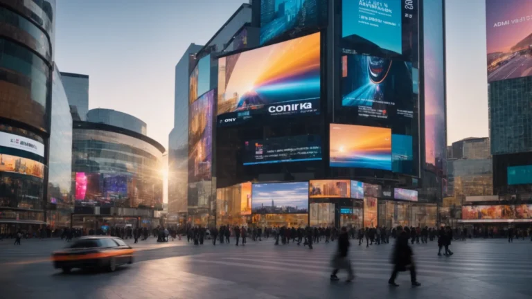 vibrant digital screens displaying dynamic, eye-catching ai-generated advertisements in a bustling city square.