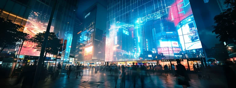 vibrant, futuristic holographic billboards projecting ads in a bustling city square, showcasing the cutting-edge technology of ai machine learning in advertising.