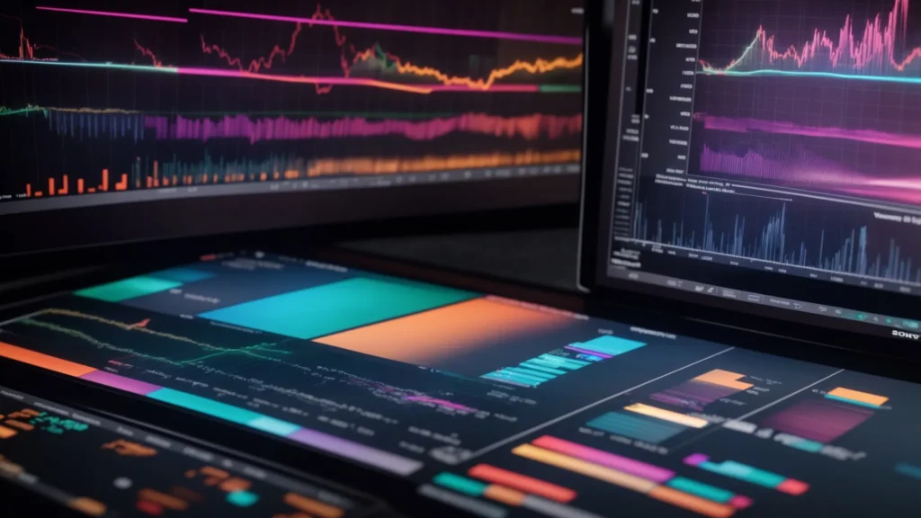 vibrant graphs and charts spread out on a digital screen, displaying crucial analytics for ai ad campaigns.