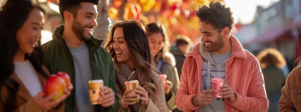 a diverse group of happy customers holding and using products while smiling and interacting with each other in a vibrant outdoor setting.
