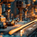 a dramatic close-up captures a futuristic, automated factory filled with advanced ai machinery, highlighting the intricate challenges of user-generated content creation through a dynamic interplay of vibrant lights and shadows.