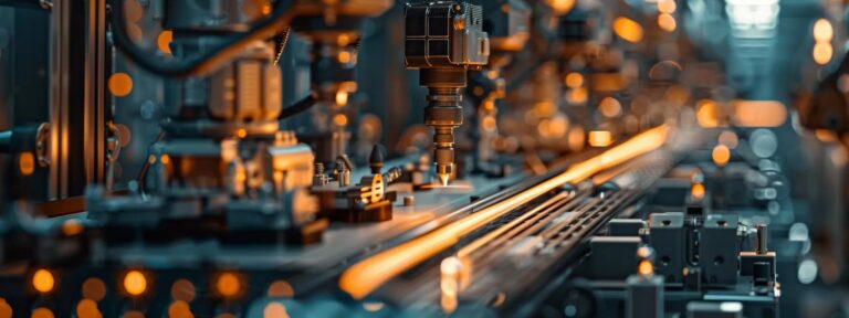 a dramatic close-up captures a futuristic, automated factory filled with advanced ai machinery, highlighting the intricate challenges of user-generated content creation through a dynamic interplay of vibrant lights and shadows.