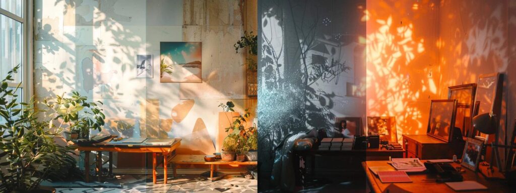 a dramatic split-screen image vividly contrasts an ai-generated digital landscape with a traditional artist's studio, highlighting the tension between technological precision and human creativity under soft, natural lighting.