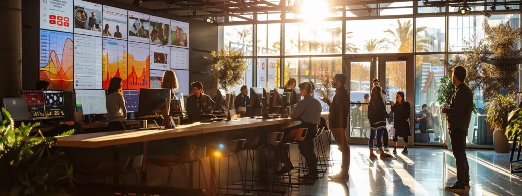 a dynamic and visually engaging workspace filled with professionals collaboratively analyzing vibrant digital screens displaying user-generated content metrics, with sunlight streaming through large windows, casting a warm and inspiring atmosphere.