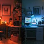 a dynamic split-scene showcasing a vibrant digital workspace filled with diverse user-generated content on one side, contrasting sharply with a traditional editing room accented by classic tools and printed materials on the other, illuminated by soft, warm lighting to enhance the dramatic difference in creation styles.