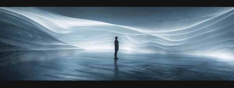 a lone figure stands before a mesmerizing digital landscape, grappling with the shimmering, conflicting shadows of creativity and ethics that swirl around them.