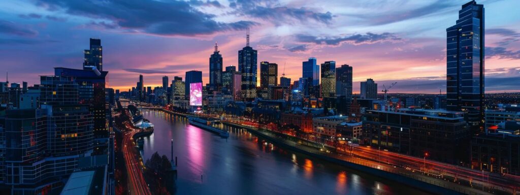 a luminous city skyline at dusk, where sleek, holographic advertisements illuminate the streets, symbolizing the vibrant synergy between technology and creativity in the future of ai user content.