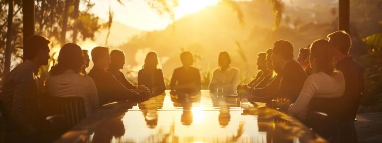 a serene, sunlit landscape showcases a diverse group of individuals collaboratively brainstorming around a large, natural wooden table, symbolizing transparency and trust in the creation of authentic ai-generated content.