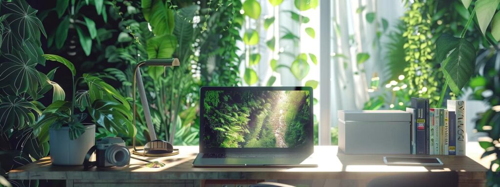 a serene workspace filled with lush greenery, where a gleaming laptop displays vibrant, engaging ai-generated content against a backdrop of soft natural light.