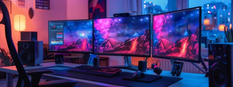 a sleek, futuristic workspace glows with the soft light of multiple monitors, showcasing vibrant, dynamic visuals of ai-generated content in progress.