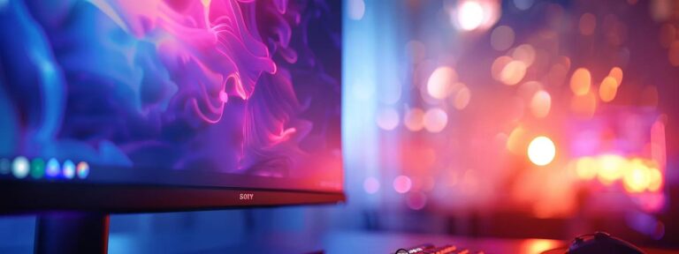 a sleek, illuminated workspace showcases a high-tech computer screen displaying captivating visuals, symbolizing the innovation and creativity behind quality ai-generated user-generated content.