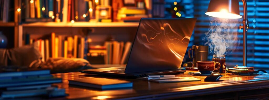 a sleek laptop rests atop an elegantly cluttered desk, surrounded by vibrant books and a steaming cup of coffee, encapsulating the essence of effortless content curation.