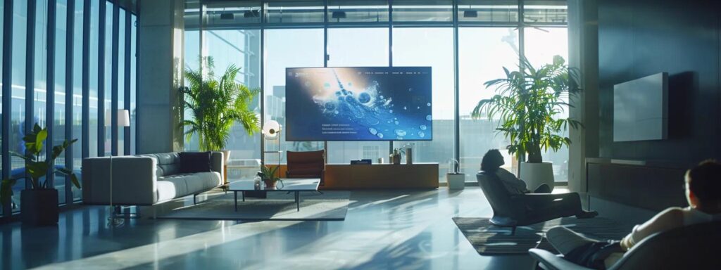 a sleek, modern office space bathed in natural light, showcasing a team engaged in vibrant discussion around a digital tablet displaying dynamic ai-generated content visuals.