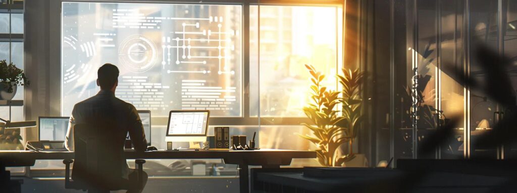 a sleek, modern workspace bathed in soft, natural light, where a thoughtful individual studies an intricate flowchart detailing the evaluation of ai-generated content authenticity.