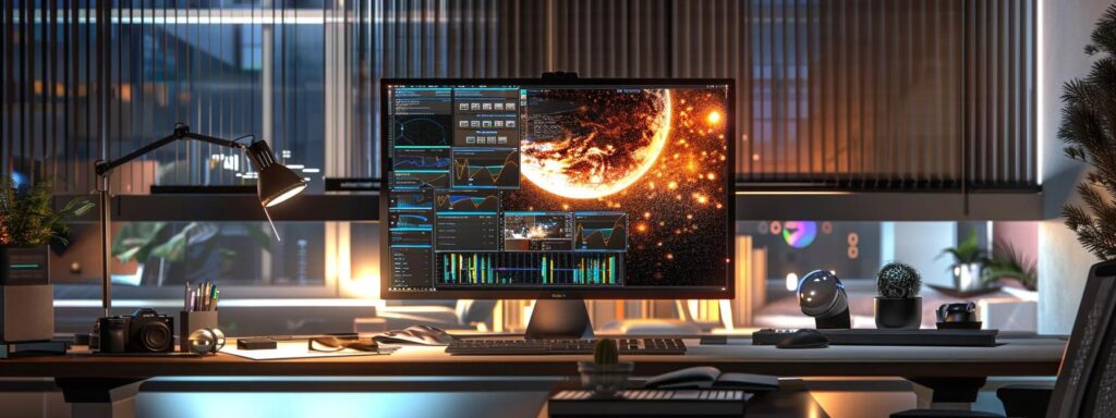 a sleek, modern workspace featuring a high-resolution computer screen displaying vibrant, captivating ai-generated content, illuminated by soft, ambient lighting that accentuates the intricate details of digital creativity.