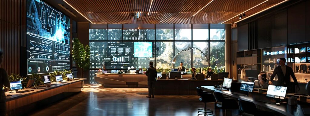 a sleek, modern workspace is illuminated by soft lighting, where a diverse group of professionals collaborates around a large screen displaying vibrant data visualizations of ai-ugc solutions.