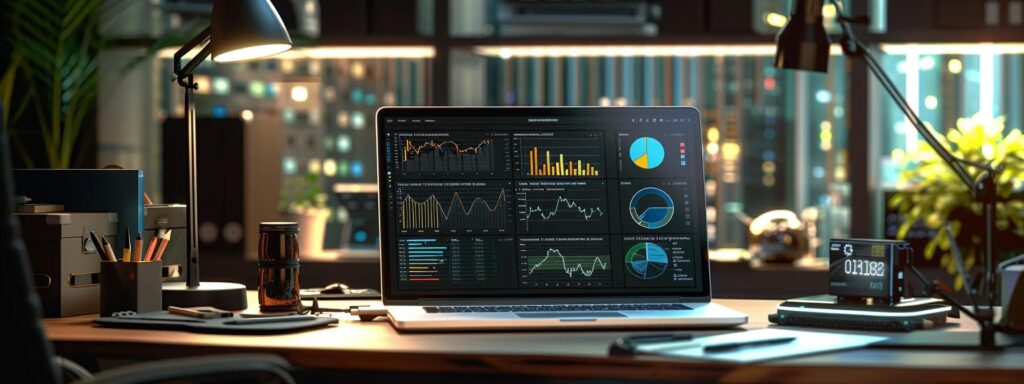 a sleek, organized workspace features a modern laptop displaying vibrant graphs and charts, surrounded by neatly arranged budgeting tools, emphasizing the strategic approach to managing ai-ugc solution costs.