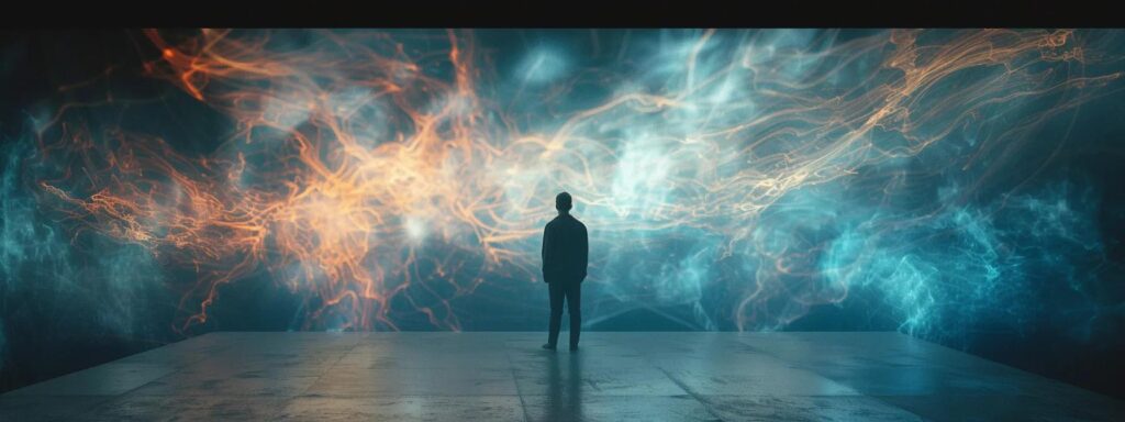 a solitary figure gazes thoughtfully at a glowing screen, surrounded by swirling digital clouds that symbolize the complex ethical dilemmas of ai-generated content.