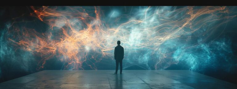 a solitary figure gazes thoughtfully at a glowing screen, surrounded by swirling digital clouds that symbolize the complex ethical dilemmas of ai-generated content.