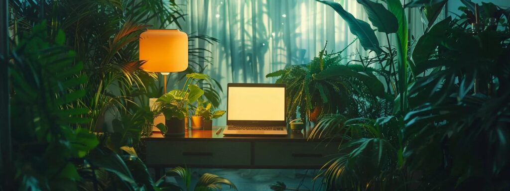 a striking, balanced composition of a serene workspace featuring a glowing laptop surrounded by lush plants and soft natural light, symbolizing the ethical contemplation surrounding ai-generated user content.