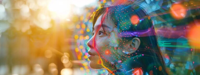 a striking juxtaposition of a vibrant digital collage and a warm, candid photograph, showcasing the contrast between ai-generated imagery and genuine human connection.