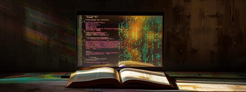 a striking juxtaposition of a sleek, futuristic computer screen displaying vibrant digital text alongside a weathered, open book with fading pages, representing the clash between ai-generated and traditional content.