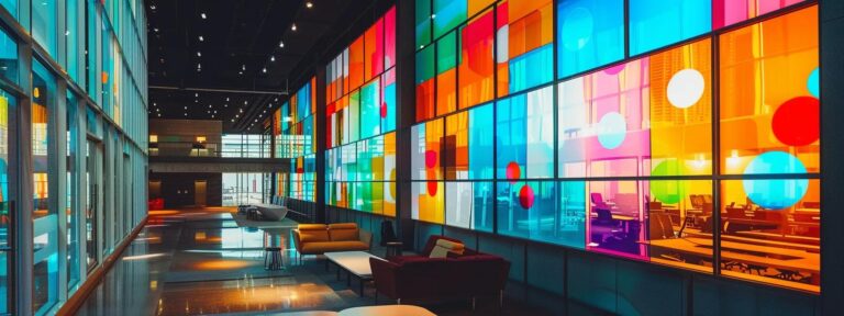a striking scene of a modern office workspace adorned with vibrant screens displaying colorful ai-generated graphics, illuminating the possibilities of innovation and investment in digital content.