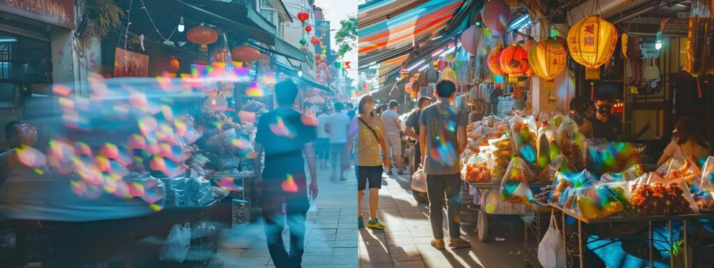 a striking split-screen image showcases an ai-generated landscape bursting with vibrant colors on one side, juxtaposed with a raw, candid photograph of a bustling street market, embodying the contrast between artificial and organic creativity.