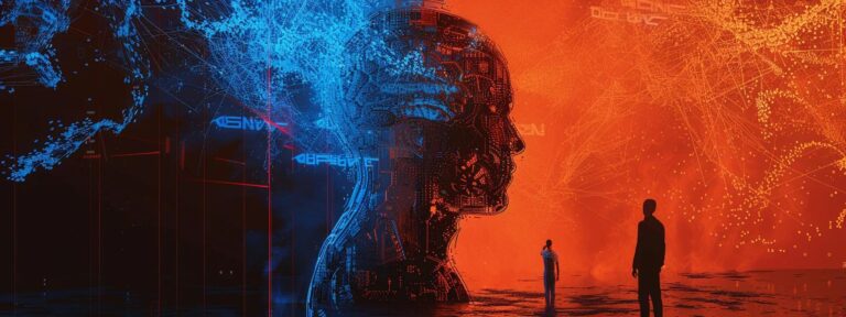 a thought-provoking image of a sleek, futuristic ai brain emitting vibrant data streams, set against a backdrop of shadowy silhouettes representing ethical dilemmas, illuminated by a stark contrast of cool blue and warm orange lighting.