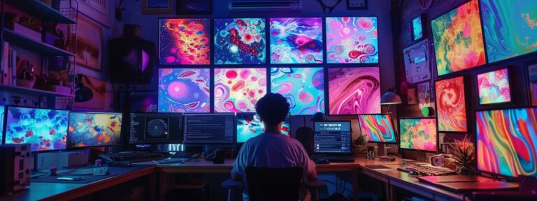 a vibrant and dynamic workspace filled with colorful digital art, showcasing an artist immersed in the creative process, surrounded by glowing screens displaying intricate ai-generated designs that inspire innovation.