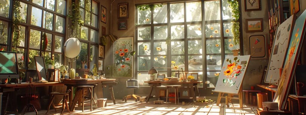 a vibrant artist's studio filled with dynamic ai-generated artworks, illuminated by soft natural light filtering through large windows, showcasing the harmonious blend of technology and creativity.