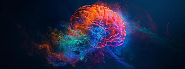 a vibrant brain illuminated with swirling colors and abstract patterns, symbolizing the thrilling interplay between artificial intelligence and human creativity, set against a dark background to enhance its striking visual impact.