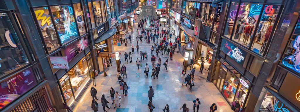 a vibrant, bustling marketplace teeming with diverse shoppers captivated by digital screens showcasing stunning ai-generated artwork, symbolizing the future of brand engagement.