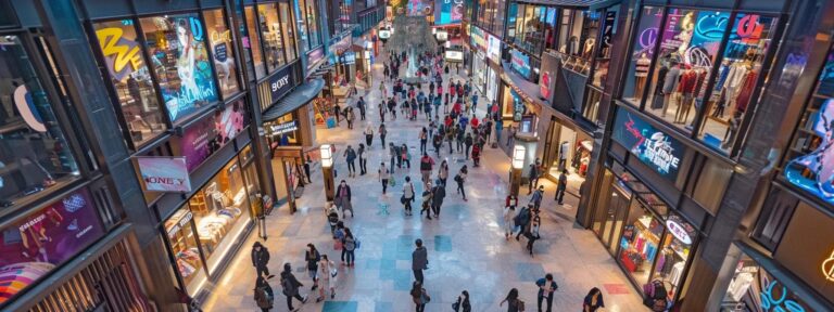 a vibrant, bustling marketplace teeming with diverse shoppers captivated by digital screens showcasing stunning ai-generated artwork, symbolizing the future of brand engagement.