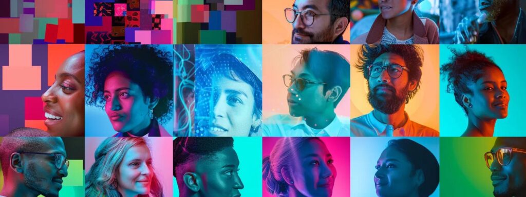 a vibrant collage of diverse individuals interacting joyfully with digital devices, showcasing the seamless fusion of human creativity and advanced ai technology.