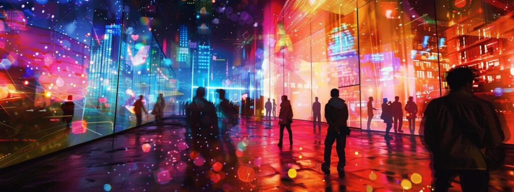 a vibrant digital landscape pulsates with colorful user-generated content, showcasing the dynamic energy of brands empowered by ai technology.