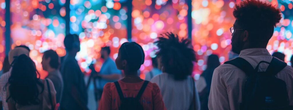 a vibrant, diverse group of people joyfully interacting with dynamic digital screens displaying captivating ai-generated content, symbolizing the fusion of technology and community engagement.