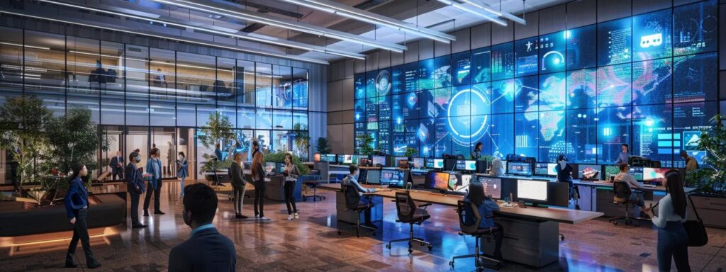 a vibrant, futuristic workspace bustles with energy as a diverse group of professionals collaborates around a sleek, glowing interface showcasing real-time ai-driven user engagement metrics.