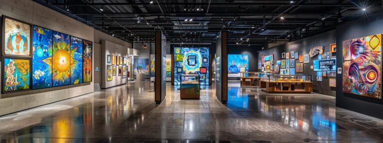 a vibrant gallery showcases two contrasting displays: on one side, stunningly intricate ai art glows with synthetic brilliance, while on the other, heartfelt, rustic crafts tell authentic stories of human creativity.