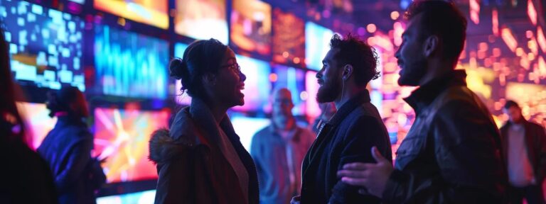 a vibrant scene of diverse individuals deeply engaged in animated conversation, surrounded by glowing screens displaying authentic digital interactions.