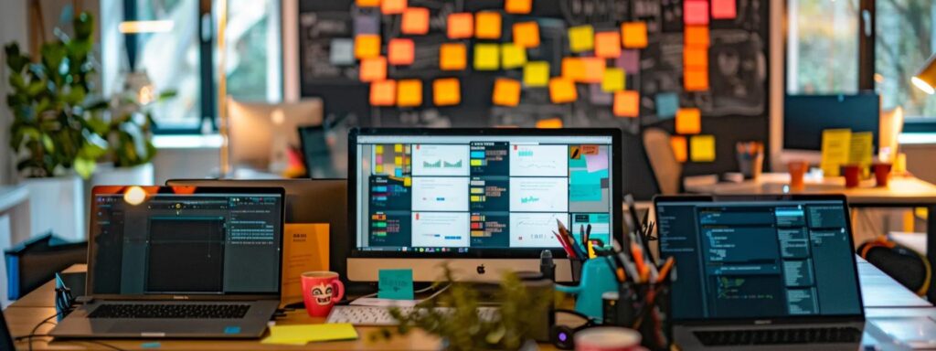 a vibrant workspace filled with sleek laptops and colorful sticky notes, where a focused individual researches various ai ugc platforms on multiple screens.