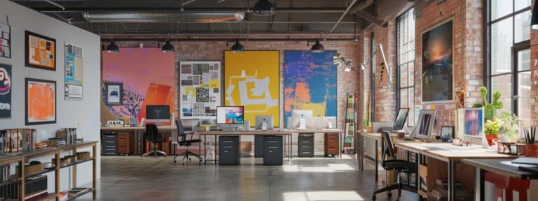 a vibrant workspace filled with captivating ai-generated artwork, showcasing a diverse array of innovative designs that invite engagement and spark curiosity.