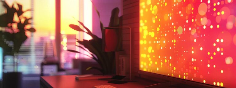 a vibrant workspace showcases a glowing screen filled with colorful data visuals, symbolizing the transformative power of ai content curation tools.