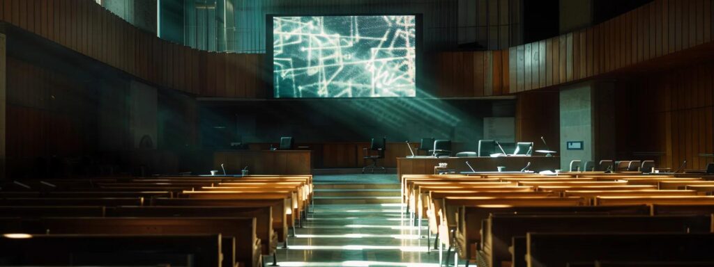 a visually striking courtroom filled with dramatic shadows, showcasing a large digital screen displaying abstract representations of artificial intelligence, symbolizing the legal risks surrounding ai-generated user-generated content.