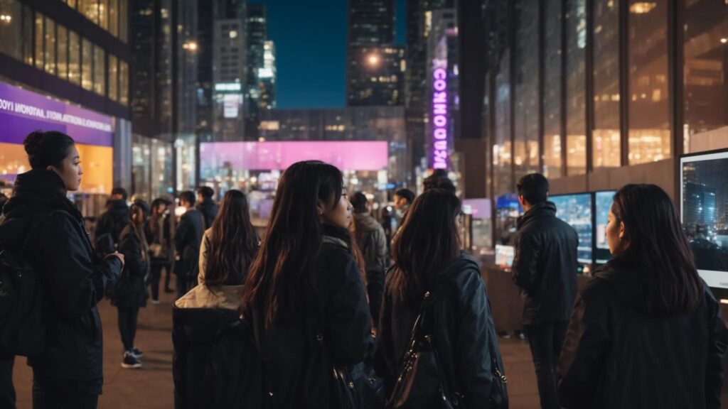 a captivating urban landscape at twilight, featuring a diverse group of individuals engaged in meaningful discussions around a glowing digital display, symbolizing the dynamic relationship between trust and artificial intelligence in user-generated content.