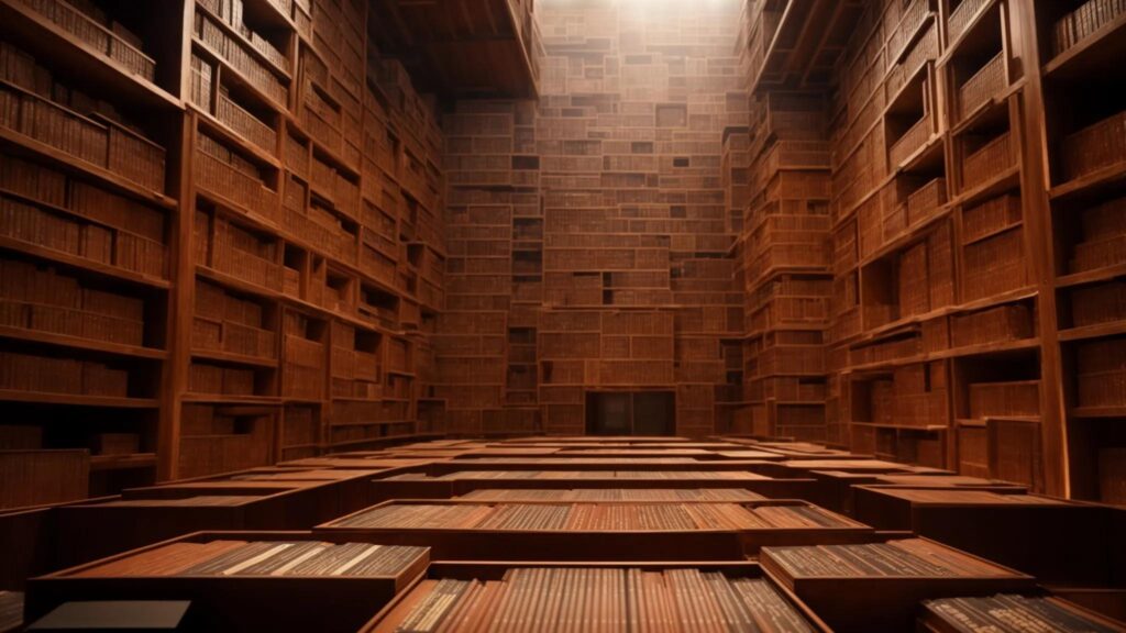 a dramatic composition showcases a labyrinthine maze made of towering legal books and digital screens, symbolizing the complexities and challenges of navigating legal pitfalls in ai-generated user content creation.