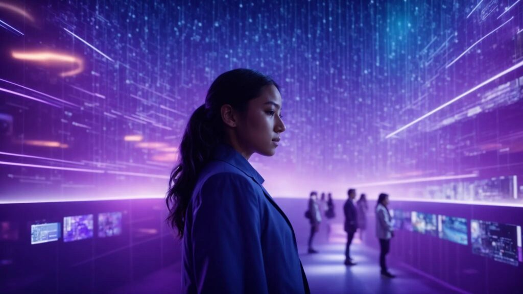 a dynamic and thought-provoking scene capturing the intricate web of digital content management, showcasing a vibrant interface filled with diverse user-generated media surrounded by swirling patterns of algorithmic data and pixelated textures, bathed in soft blue and purple lighting for a futuristic effect.