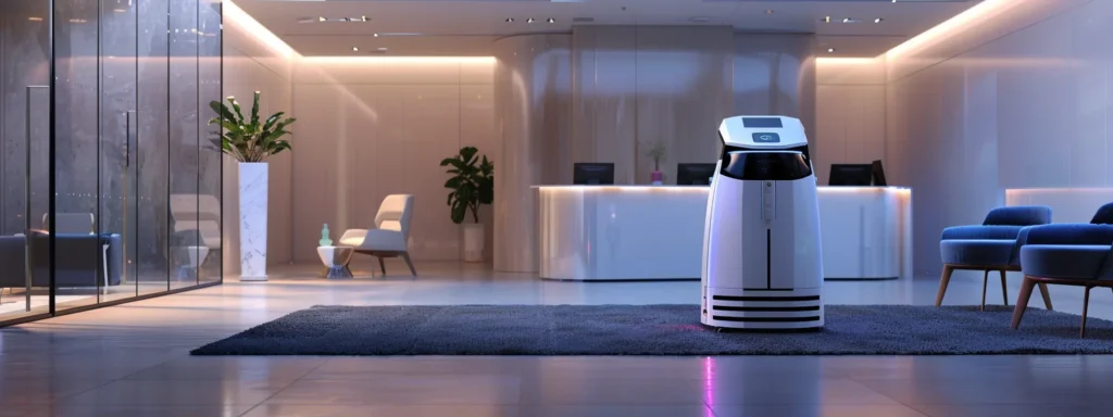 a futuristic ai robot generating dynamic and engaging advertisements in a sleek, modern office setting.