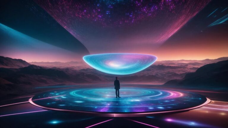 a futuristic digital landscape illuminated by vibrant holographic displays, symbolizing the intersection of artificial intelligence and ownership rights, with abstract representations of content swirling in a cosmic dance.